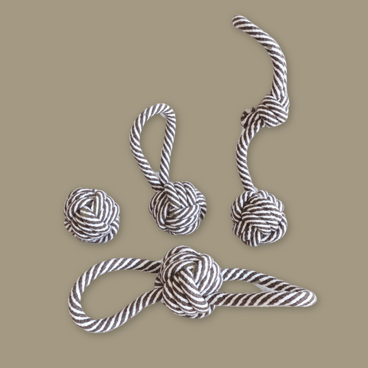 Black and white cotton rope woven pet toys. Fun and durable for your furry friends!