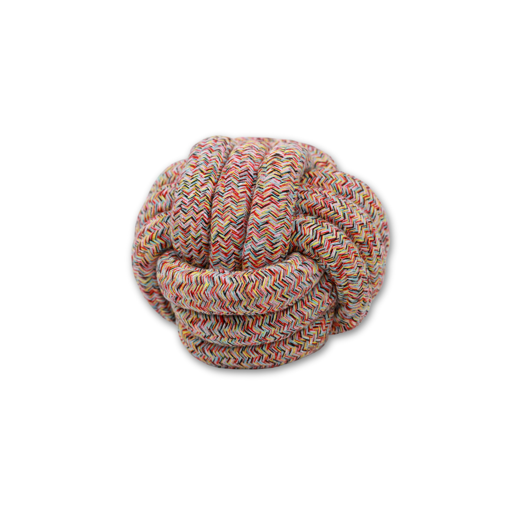 Bean Red Bliss Rope Ball Toy - Cotton Rope Woven Pet Toy. Front view showcasing intricate rope weaving, durable construction, and vibrant red color, perfect for interactive play and promoting dental health for pets. Ideal for dogs.