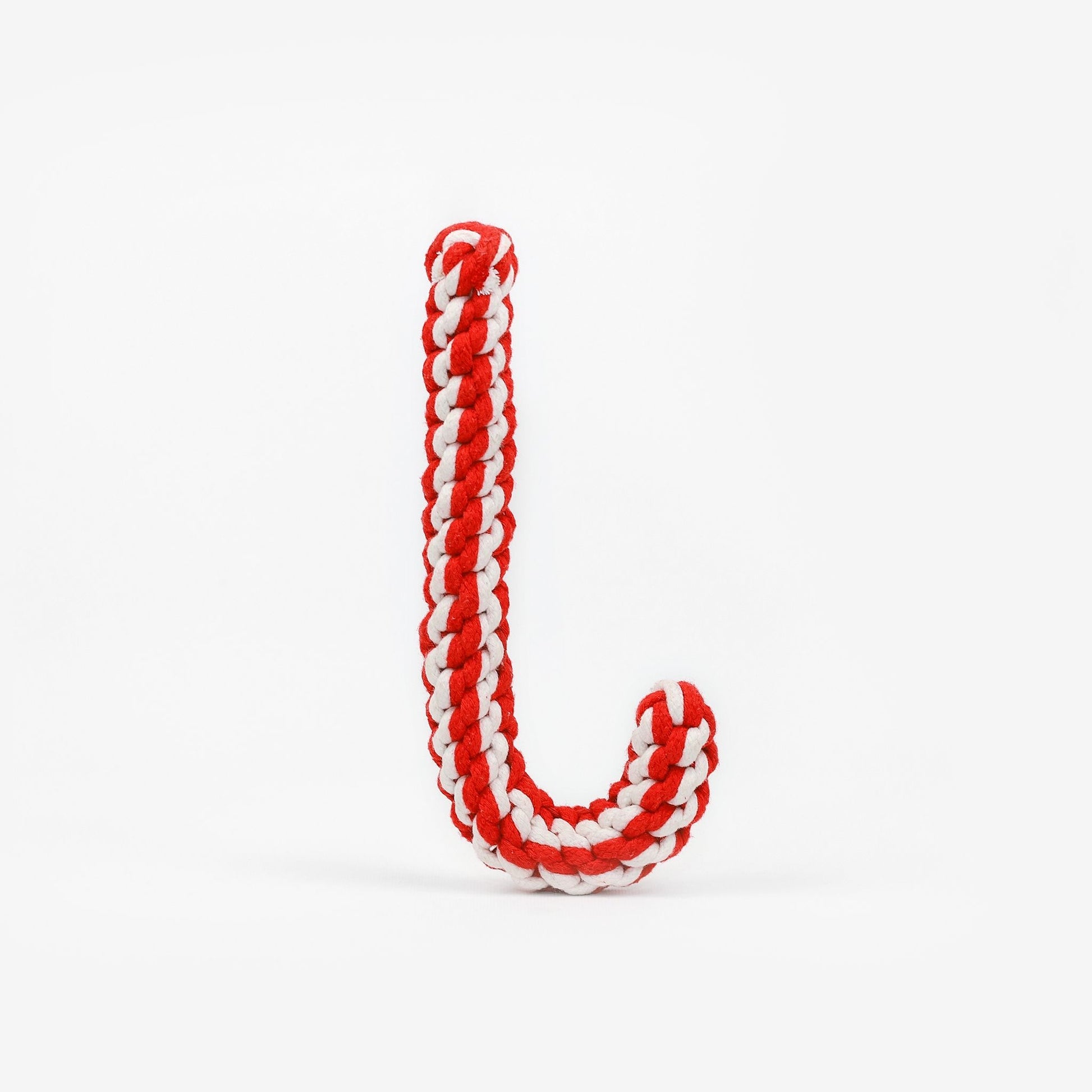 Front view of Christmas candy cane pet toy made of woven cotton rope, perfect for pets to chew and play during the holiday season