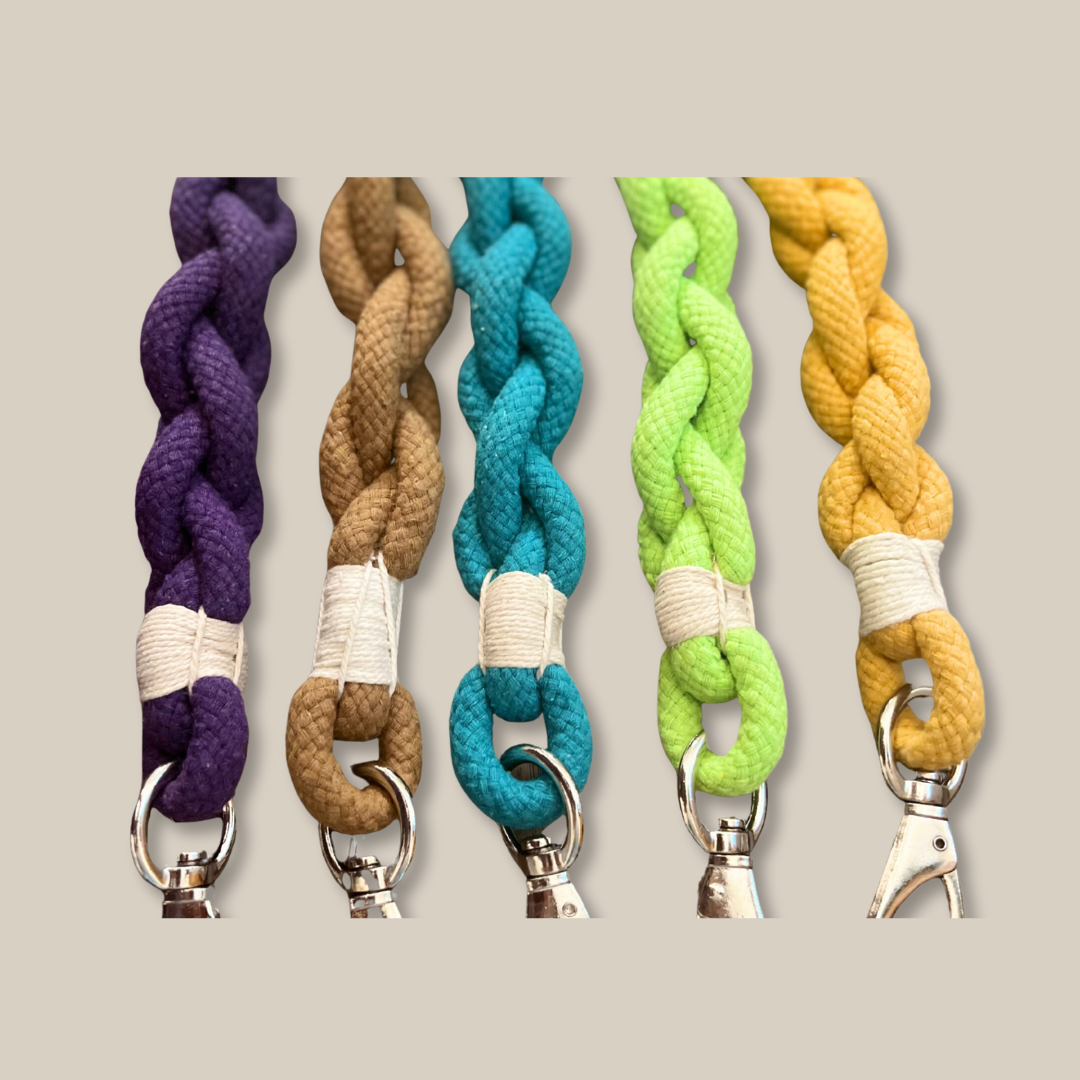 A cotton rope dog leash, handwoven with care. Durable and stylish for your furry friend.