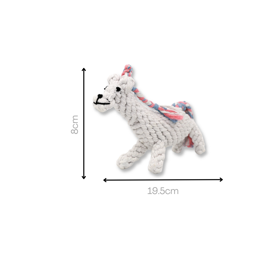 Colorful unicorn cotton rope woven pet toy, ideal for interactive play and chewing, suitable for small to medium-sized pets.