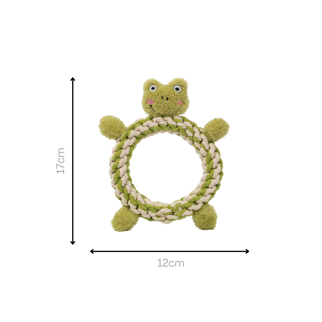 Front view of donut-shaped frog and bear-shaped pet toys made of woven cotton rope. The frog toy has a green body with big eyes, and the bear toy has a brown body with a friendly face. These toys are perfect for pets to play with and chew on, combining cuteness and durability for your pet's enjoyment.