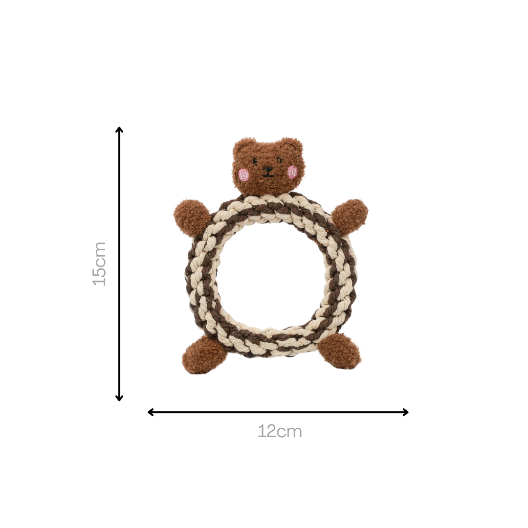 Front view of donut-shaped frog and bear-shaped pet toys made of woven cotton rope. The frog toy has a green body with big eyes, and the bear toy has a brown body with a friendly face. These toys are perfect for pets to play with and chew on, combining cuteness and durability for your pet's enjoyment.