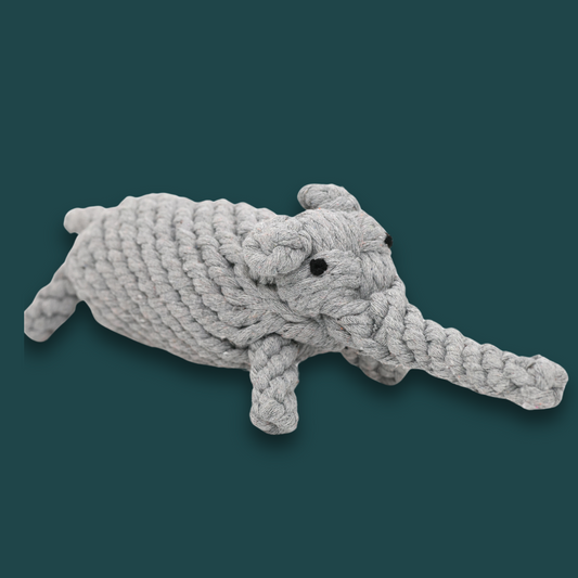 Hand-woven elephant cotton rope pet toy, ideal for interactive play and promoting dental health, eco-friendly and durable.