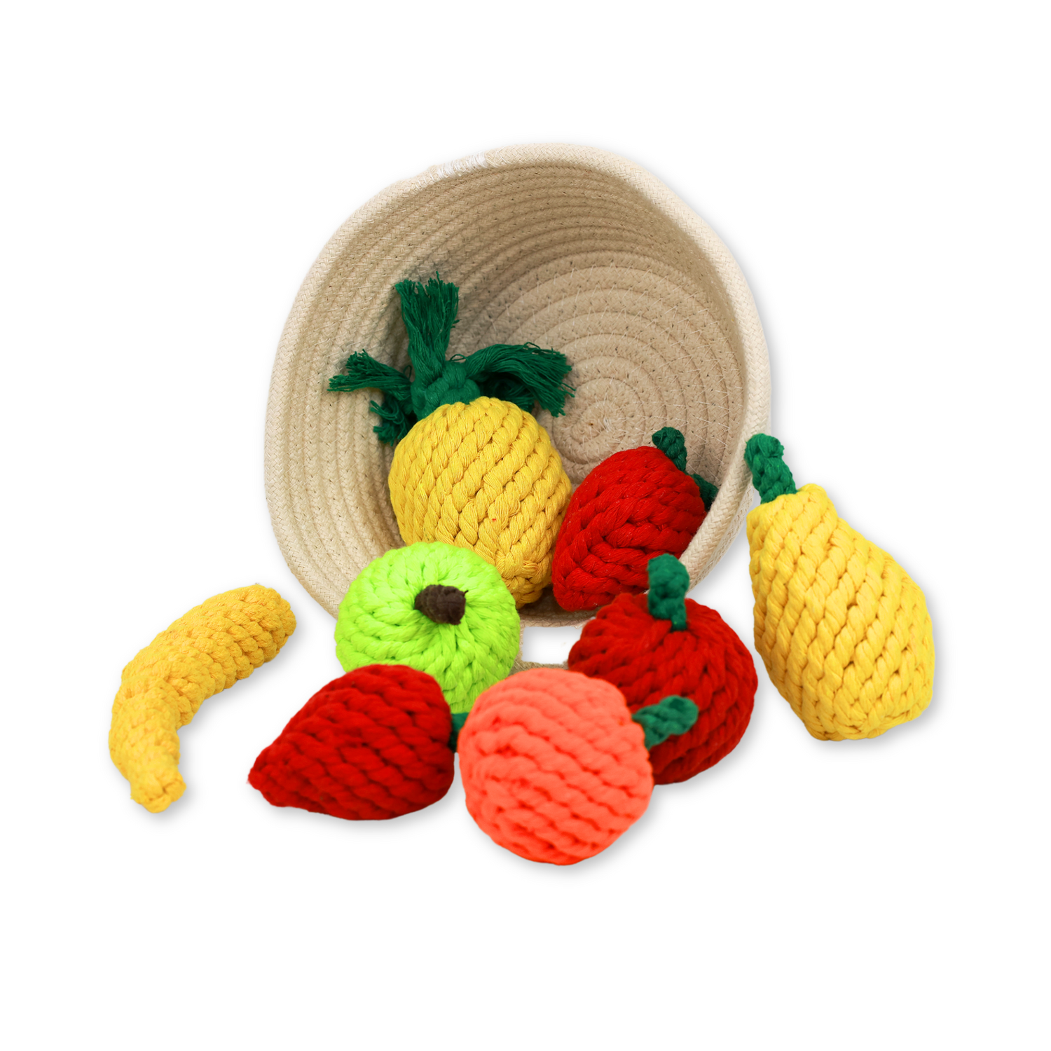 Colorful fruit-themed woven pet toy collection, perfect for playful pets. Includes durable, handmade toys shaped like strawberries, bananas, and pineapples, ensuring hours of fun and exercise for your furry friends.