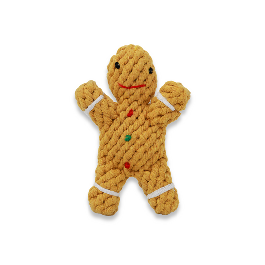 Handwoven gingerbread man pet toy made from durable cotton rope. Ideal for dogs and cats to chew, play, and enjoy. A festive and sturdy addition to your pet's toy collection.