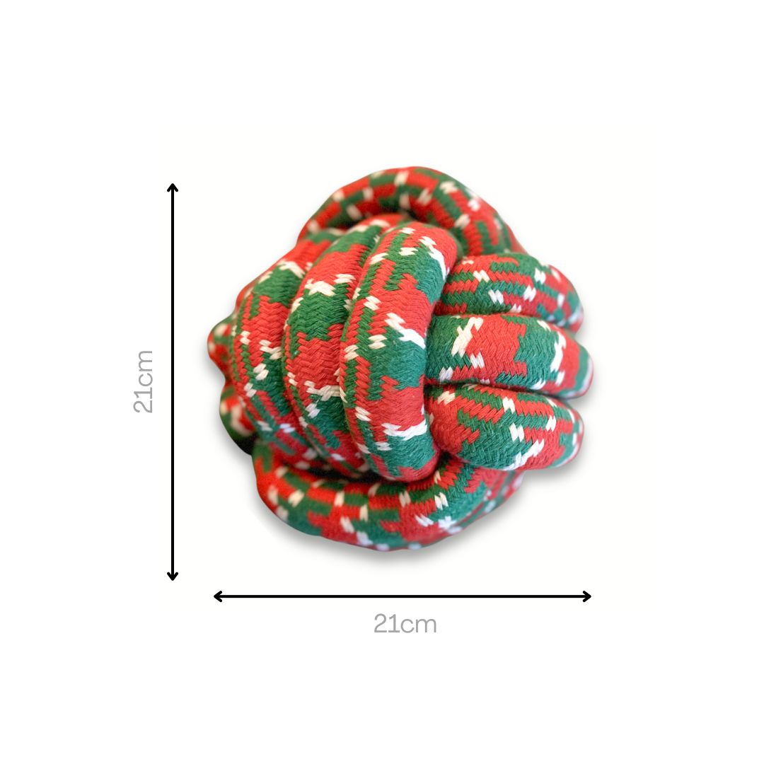 A Christmas-themed pet toy made of cotton rope in a large ball shape. It's colorful and hand-woven, providing entertainment and fun for your furry friends during the holiday season.