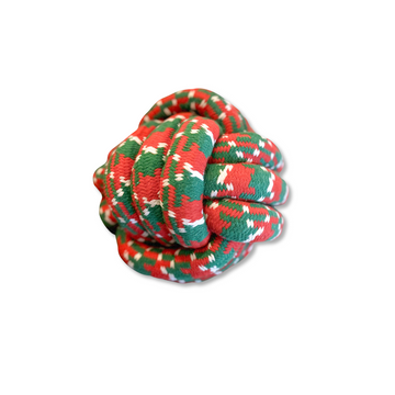 A Christmas-themed pet toy made of cotton rope in a large ball shape. It's colorful and hand-woven, providing entertainment and fun for your furry friends during the holiday season.