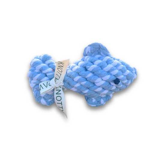 Handmade Eco-Friendly April the Happy Fish Pet Rope Toy - A cheerful, fish-shaped dog toy crafted from sustainable materials. Perfect for chewing, tugging, and interactive play, this durable toy combines fun and eco-conscious design for your pet's enjoyment.