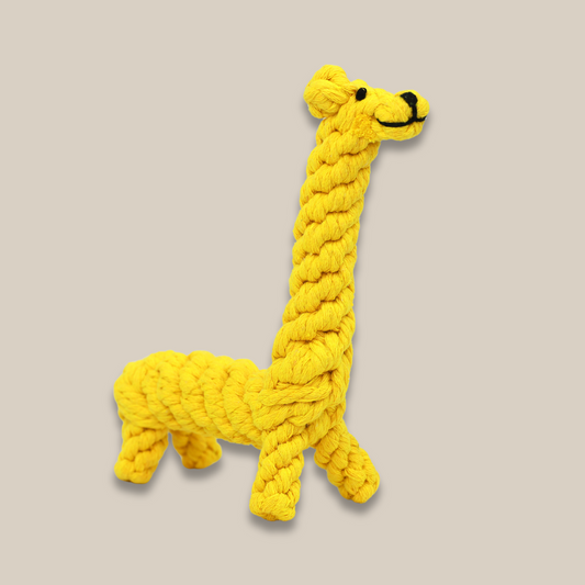 A yellow giraffe-shaped pet toy made of braided cotton rope. It is colorful and soft, providing entertainment and exercise for your furry friends. Ideal for chewing and playing.