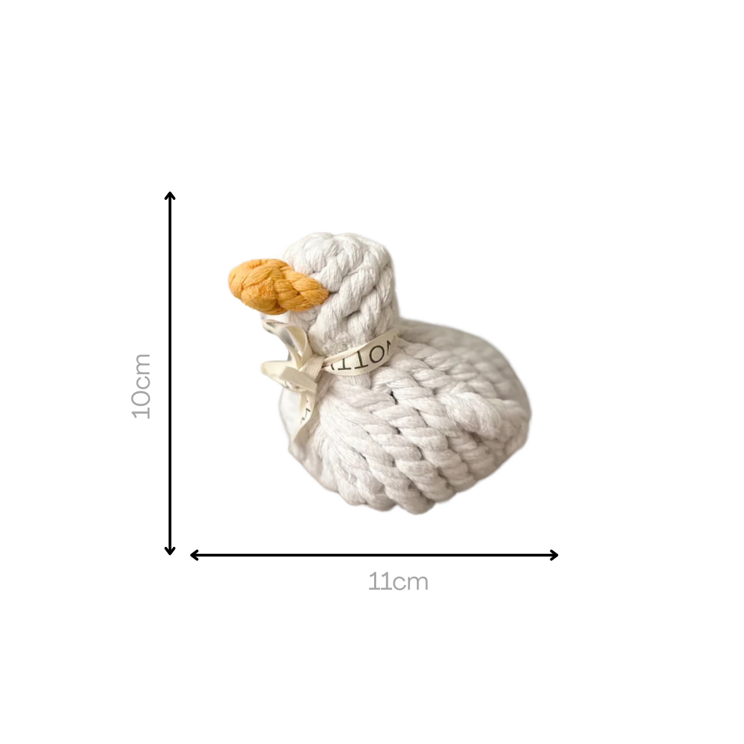 Side view of a white duck pet toy, intricately woven from durable cotton rope, designed for pets to play and chew.