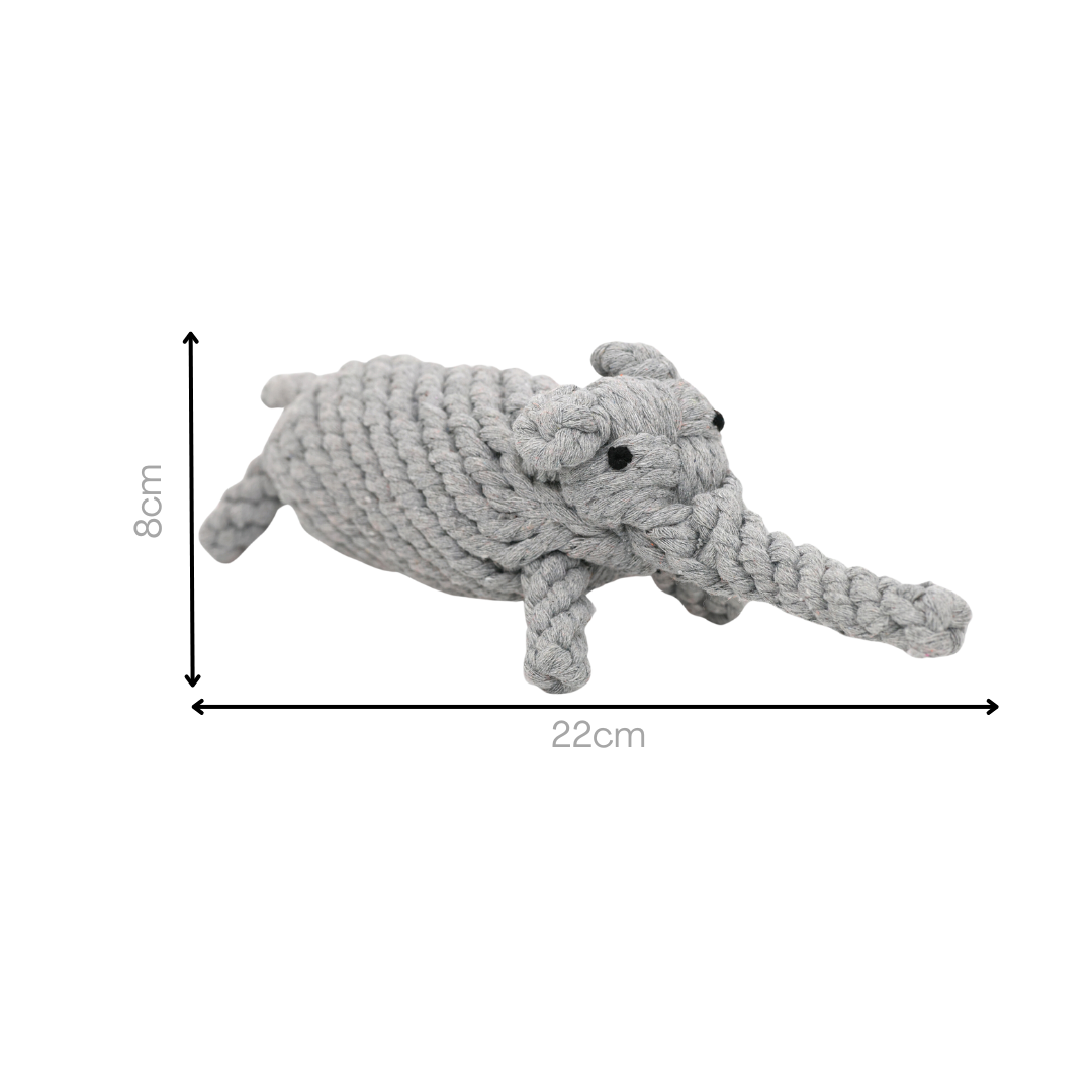 Hand-woven elephant cotton rope pet toy, ideal for interactive play and promoting dental health, eco-friendly and durable.