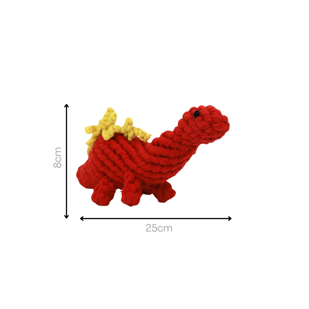 Red dinosaur-shaped pet toy handwoven with cotton rope, providing fun and comfort.