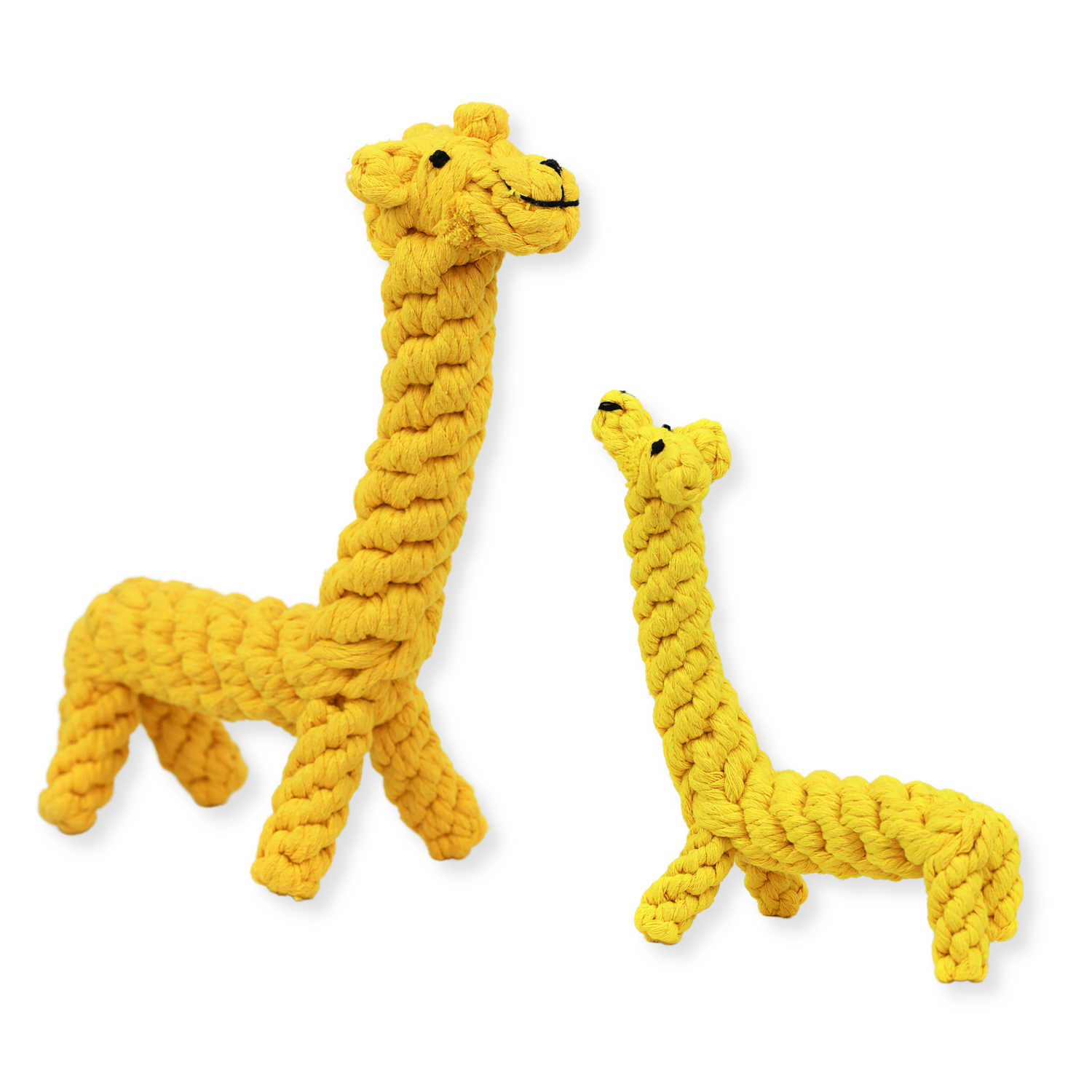 Handcrafted yellow giraffe pet toy made from durable cotton rope. Ideal for chewing, tugging, and interactive play. Safe for pets, promotes dental health, and provides hours of fun. Perfect for dogs and puppies.