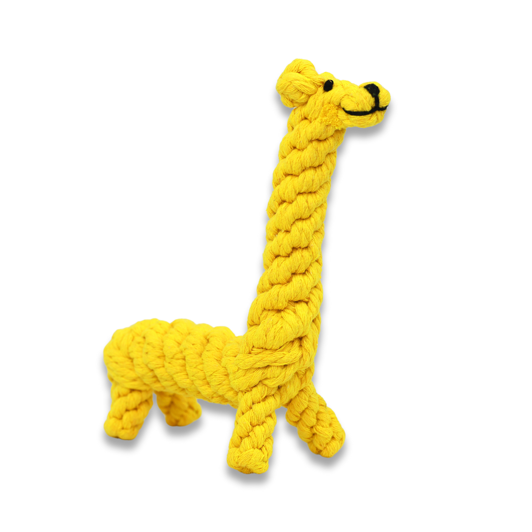 A yellow giraffe-shaped pet toy made of braided cotton rope. It is colorful and soft, providing entertainment and exercise for your furry friends. Ideal for chewing and playing.