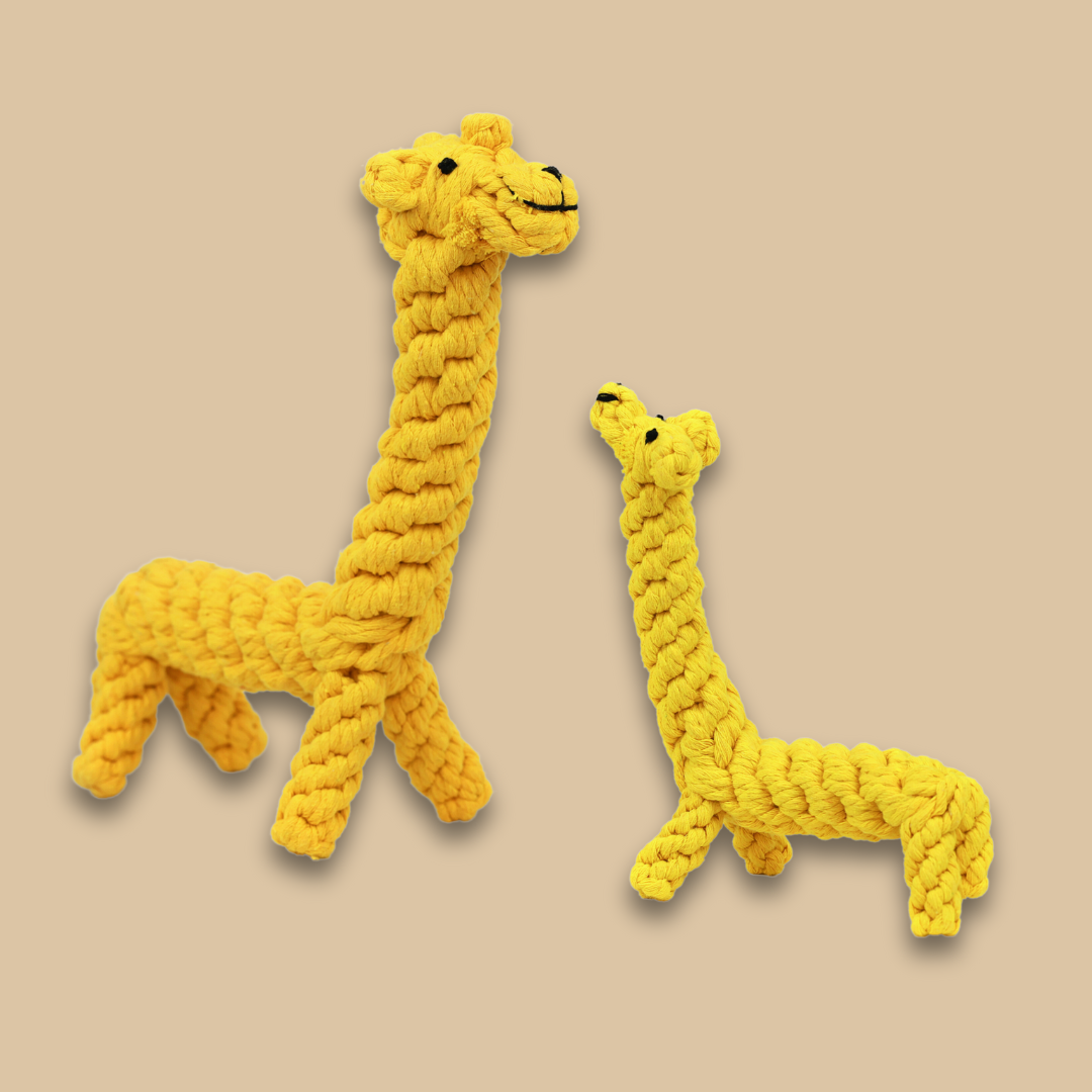 Handcrafted yellow giraffe pet toy made from durable cotton rope. Ideal for chewing, tugging, and interactive play. Safe for pets, promotes dental health, and provides hours of fun. Perfect for dogs and puppies.