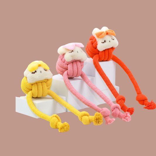 Colorful woven cotton rope pet toy for dogs, durable and fun for playtime.