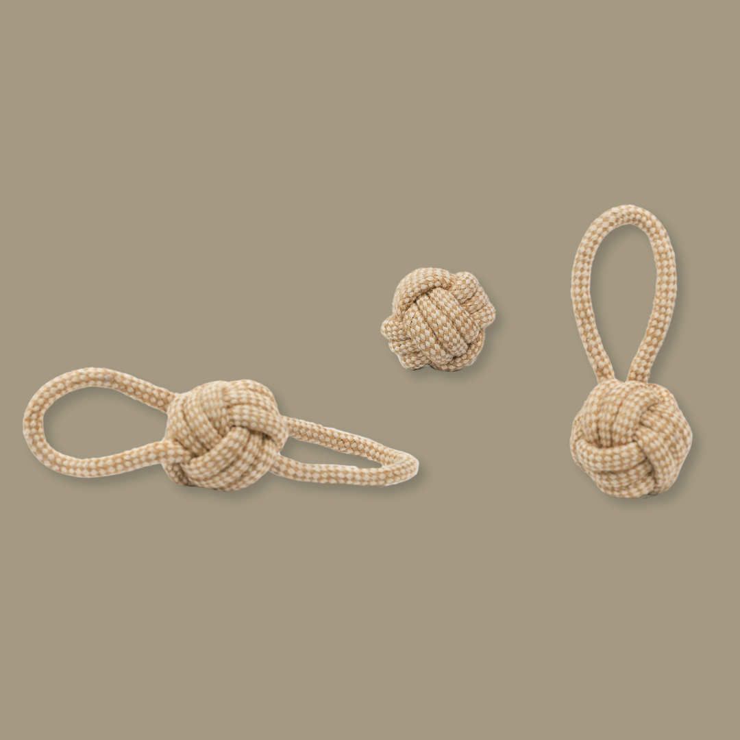 Hand-woven pet toy with hemp rope and cotton, ideal for interactive play.