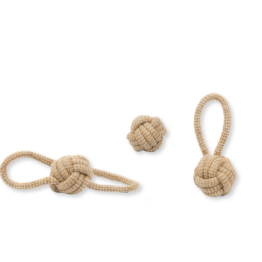 Hand-woven pet toy with hemp rope and cotton, ideal for interactive play.