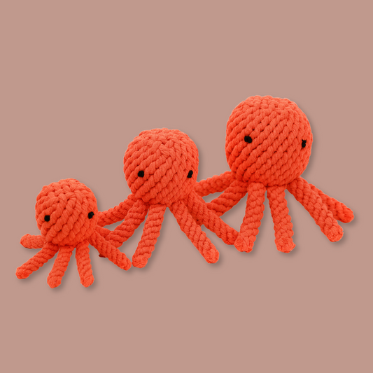 octopus-shaped pet toy made from durable cotton rope, perfect for chewing and interactive play, promoting dental health and providing hours of entertainment for dogs.