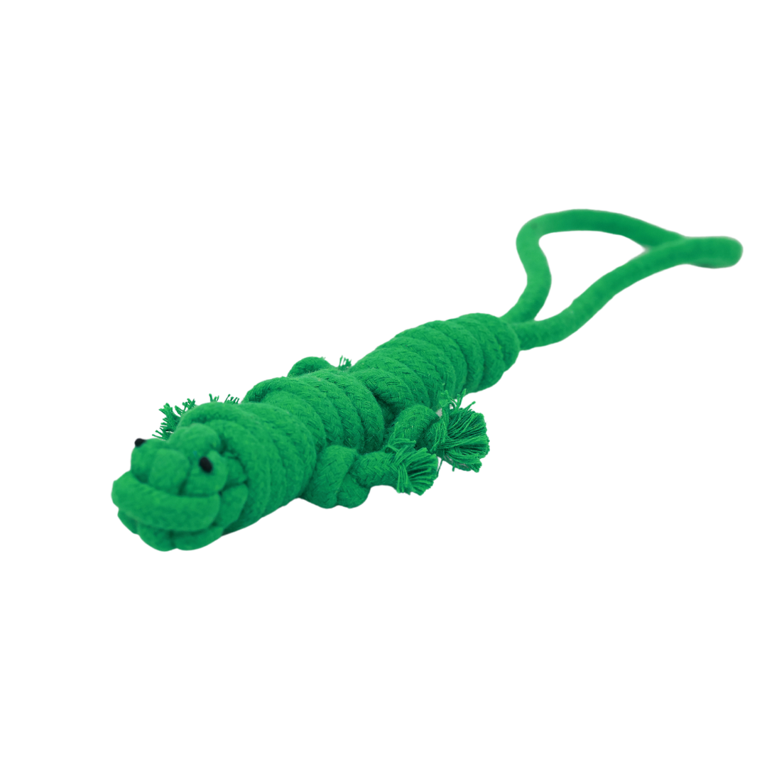 Handmade green lizard pet toy made from durable cotton rope, perfect for small to medium-sized pets. Safe, non-toxic materials ensure fun and exercise for your furry friend.