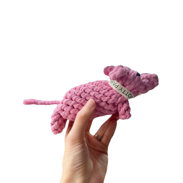 Piglet Pink Twist Handmade Rope Dog Toy - A durable, pink rope toy shaped like a piglet, handmade for tugging, chewing, and interactive play. Perfect for keeping your dog entertained and promoting healthy teeth and gums.