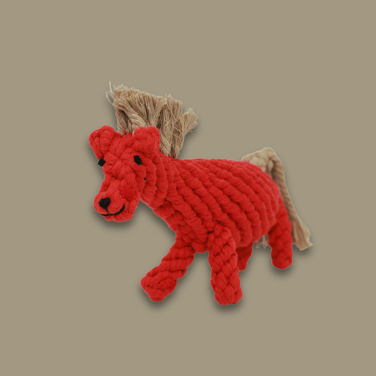 Handcrafted red cotton rope pet toy, durable and eco-friendly, perfect for interactive play and dental health