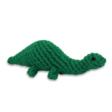 Green dinosaur-shaped pet toy handwoven with cotton rope. Fun and durable for your furry friends.