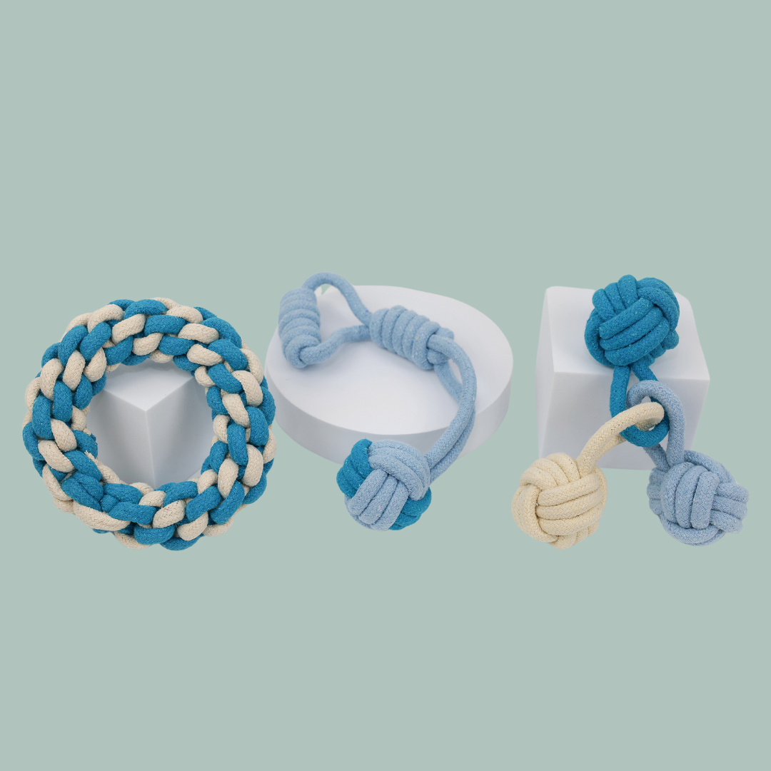 Blue and white cotton rope woven pet toys, soft and safe for your furry friends to play.