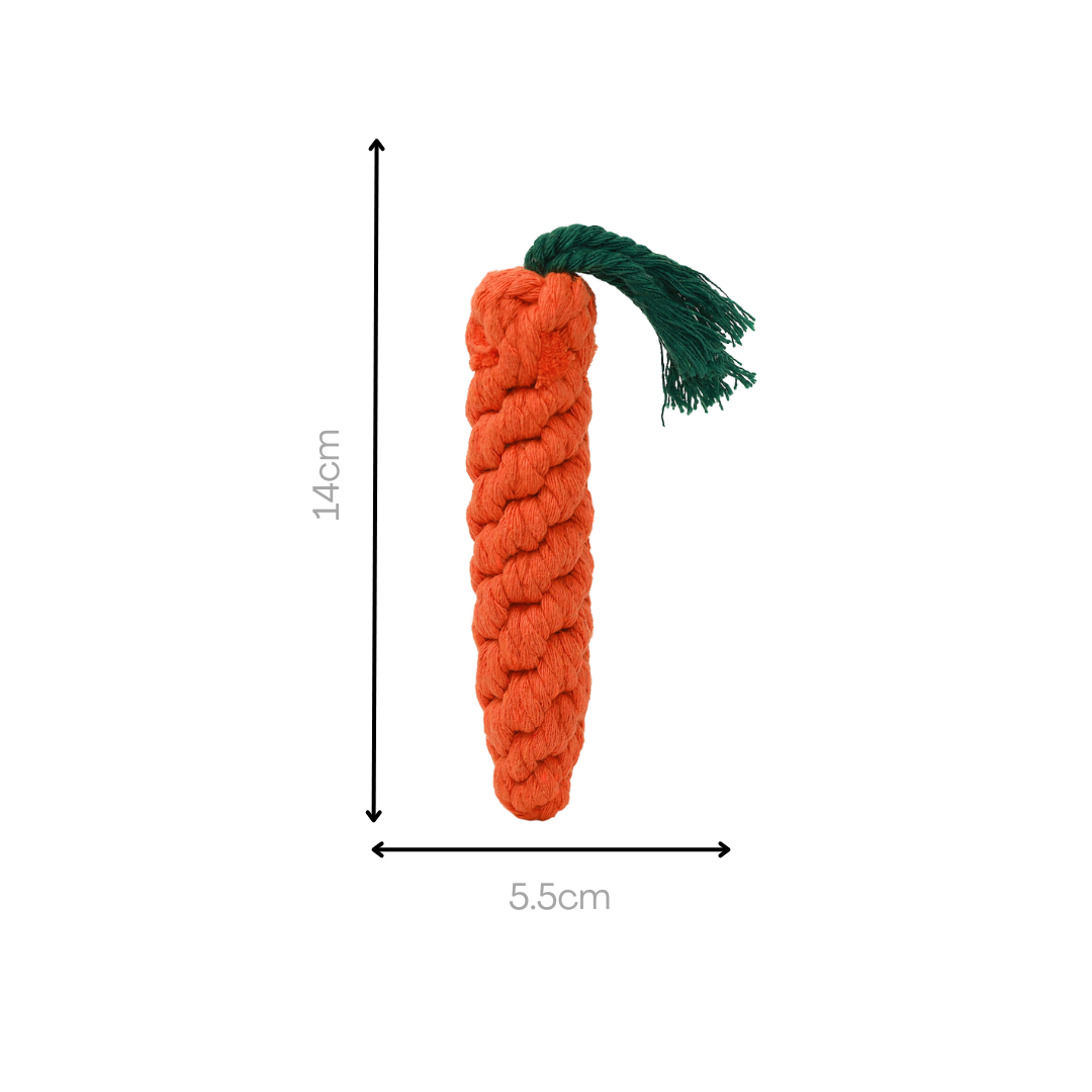 Handwoven carrot-shaped pet toy made of durable cotton rope. Ideal for chewing and playing, it promotes dental health and provides hours of fun for your furry friend.