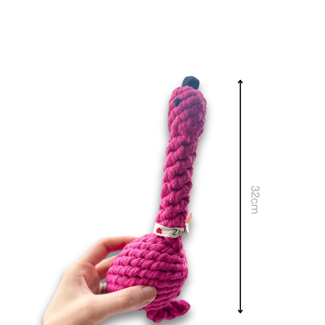 Special Gift for Dogs: Flamingo Rope Dog Toy - A vibrant, flamingo-shaped rope toy made from durable materials. Perfect for chewing, tugging, and interactive play, this fun toy offers engaging entertainment and comfort for your pet.