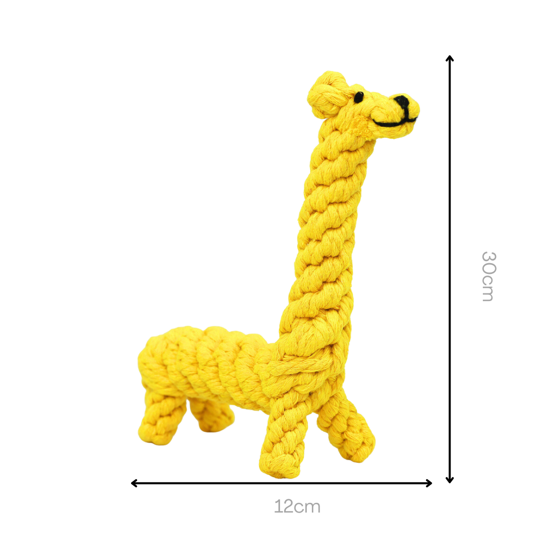 A yellow giraffe-shaped pet toy made of braided cotton rope. It is colorful and soft, providing entertainment and exercise for your furry friends. Ideal for chewing and playing.