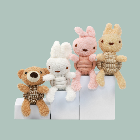 The cotton rope woven pet toys, including the pink rabbit, beige rabbit, and brown bear, are adorable and inviting. Crafted meticulously, they are soft and safe. Ideal for your pet's play and entertainment.