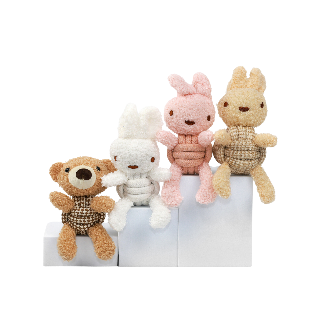 The cotton rope woven pet toys, including the pink rabbit, beige rabbit, and brown bear, are adorable and inviting. Crafted meticulously, they are soft and safe. Ideal for your pet's play and entertainment.