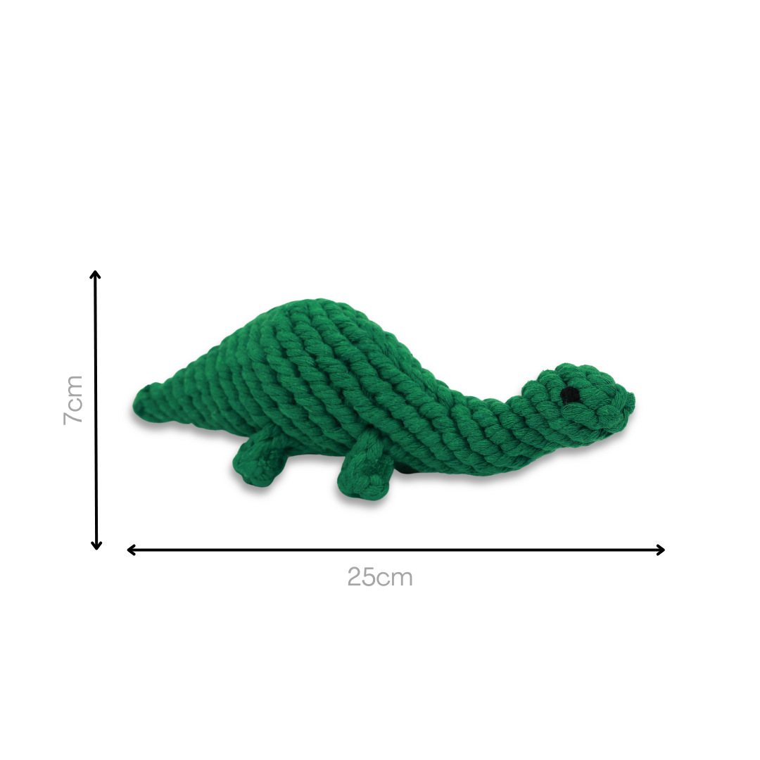 Green dinosaur-shaped pet toy handwoven with cotton rope. Fun and durable for your furry friends.