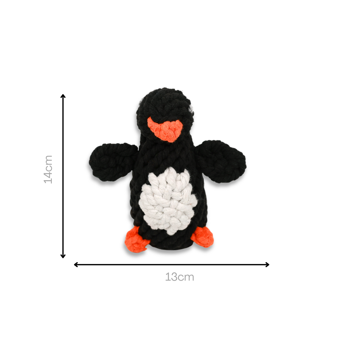 Colorful penguin-shaped pet toy made from durable cotton rope, perfect for chewing and playing. Safe and fun for dogs of all sizes. Eco-friendly and non-toxic.