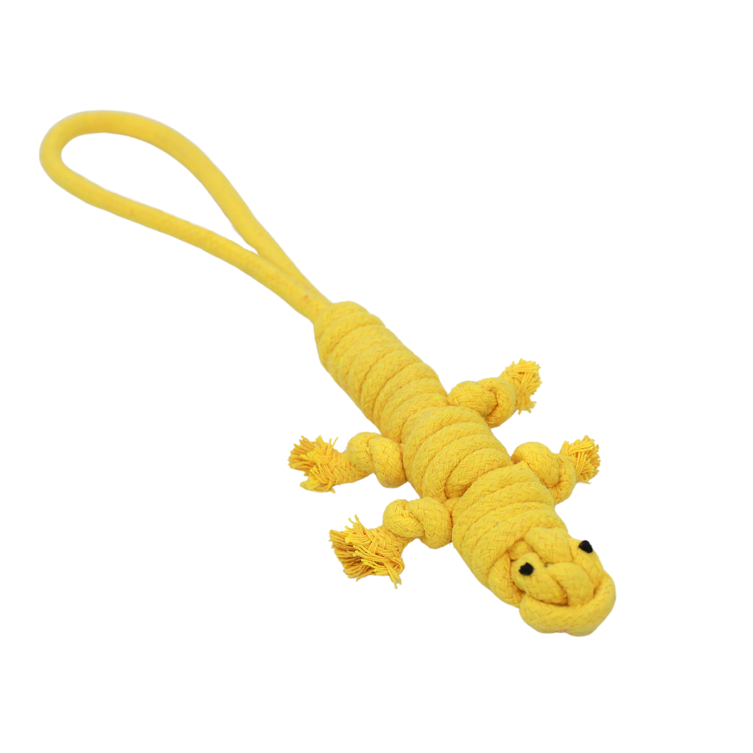 A cute yellow lizard-shaped pet toy made of cotton rope, perfect for playtime!