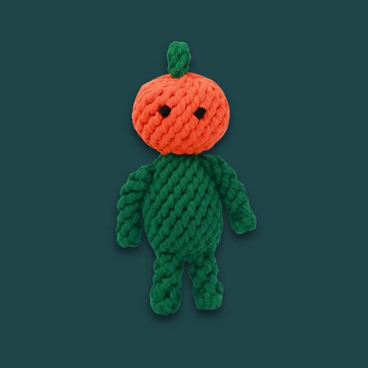 Front view of a pumpkin baby pet toy made from durable, renewable cotton rope, perfect for chewing and playtime