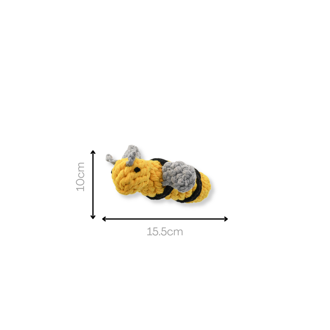 Bee-shaped cotton rope woven pet toy, perfect for chewing and playing. Durable and safe for pets, providing hours of entertainment and promoting dental health.