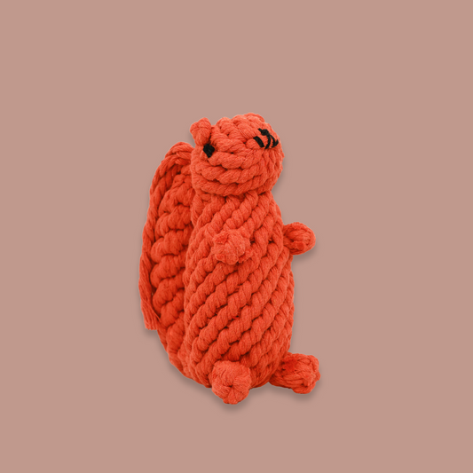 Squirrel-shaped cotton rope pet toy, perfect for chewing and playing. Helps maintain dental health and provides endless fun for your furry friend.