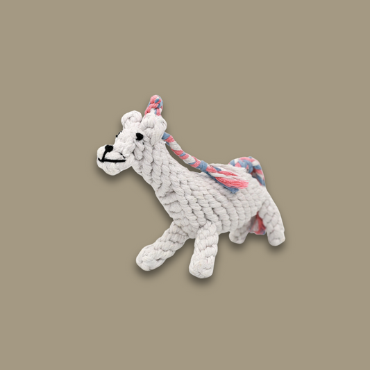 Colorful unicorn cotton rope woven pet toy, ideal for interactive play and chewing, suitable for small to medium-sized pets.