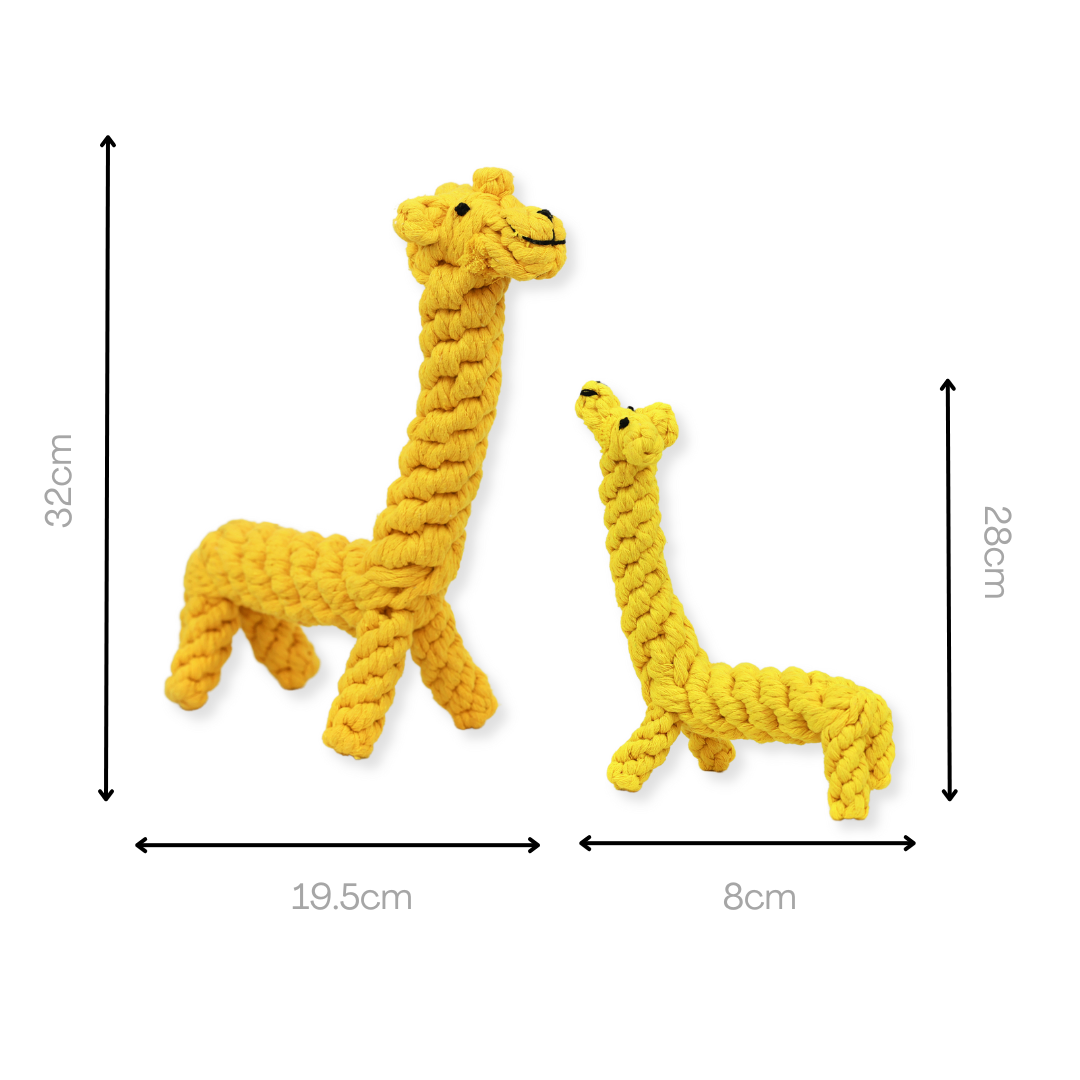 Handcrafted yellow giraffe pet toy made from durable cotton rope. Ideal for chewing, tugging, and interactive play. Safe for pets, promotes dental health, and provides hours of fun. Perfect for dogs and puppies.