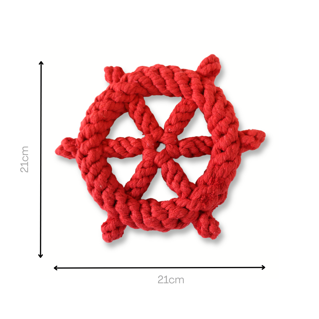 Red steering wheel-shaped cotton rope woven pet toy for dogs, stimulating play and dental health