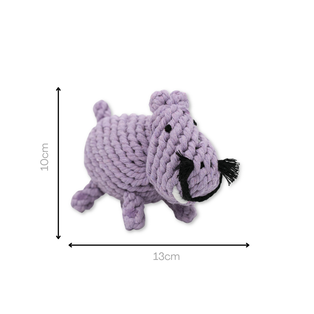 Purple hippo! Our large and small cotton rope woven pet toys are here. They are colorful, soft, and durable, providing entertainment and exercise for your furry friends. Ideal for playtime!